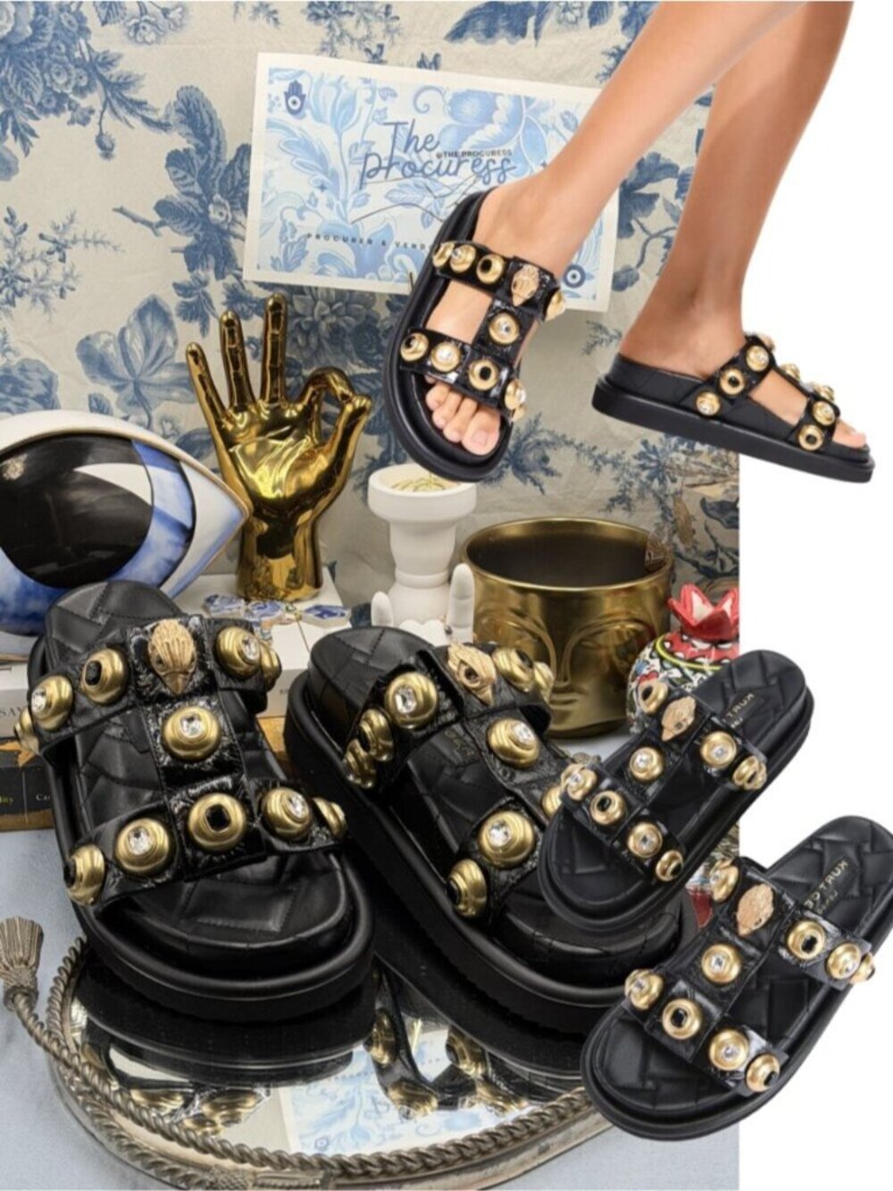 🆕 KURT GEIGER LONDON 🧿 NWOB Orson Multi Gold Studded Sandal, Black, Sz 37 US 7